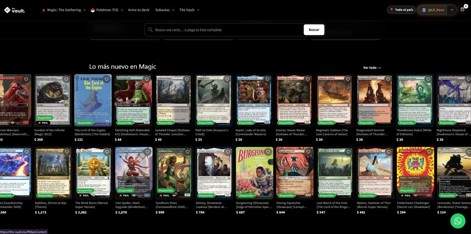 The Lo más nuevo en Magic carousel showing rows of newly listed cards with availability chips and prices in MXN