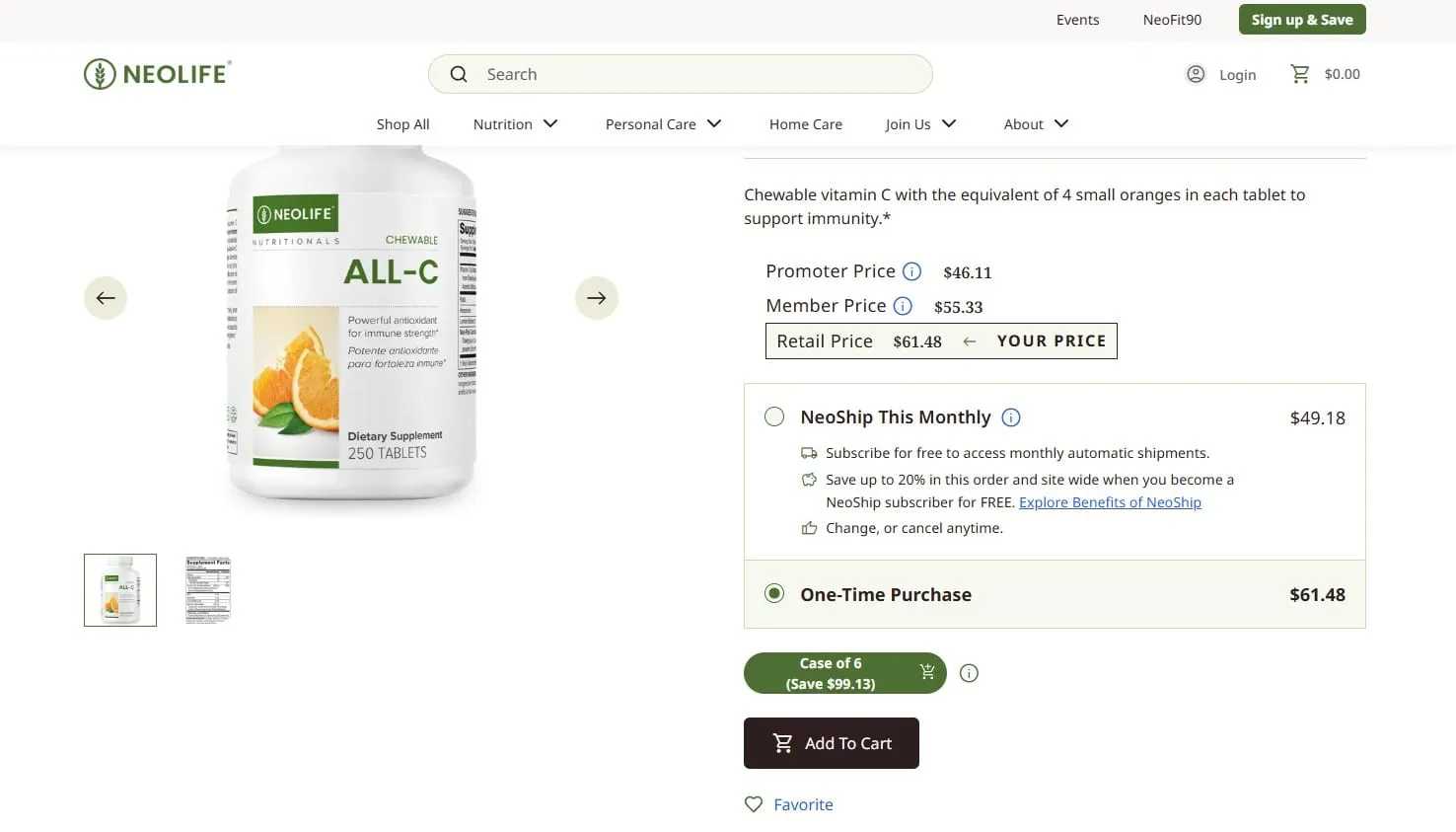 NeoLife product detail page with a green Case of 6 Save button positioned above Add to Cart