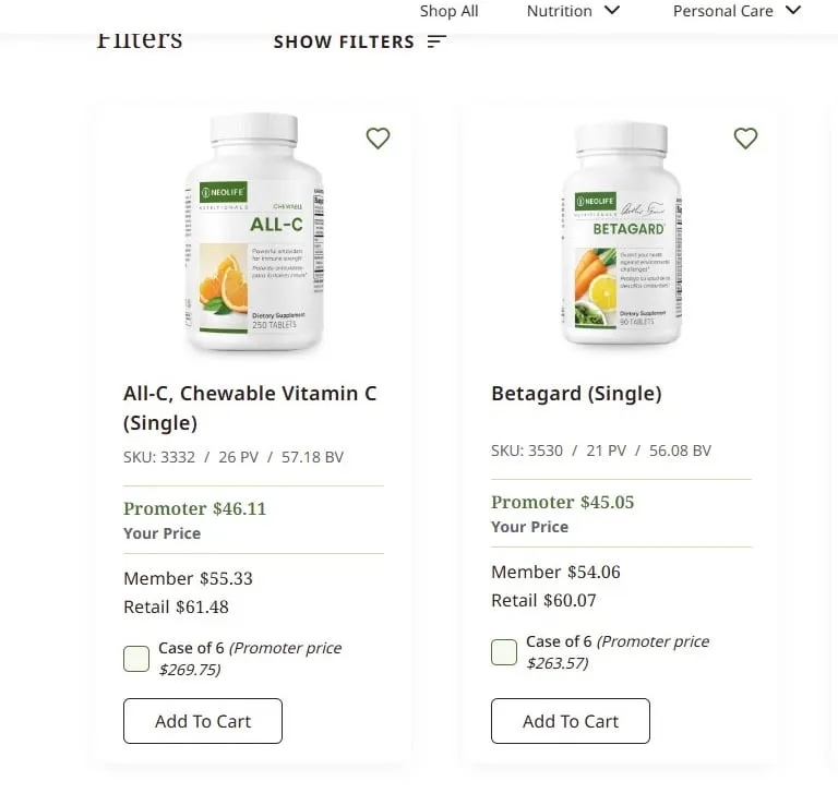 NeoLife product card with a Case of 6 checkbox showing the promoter case price