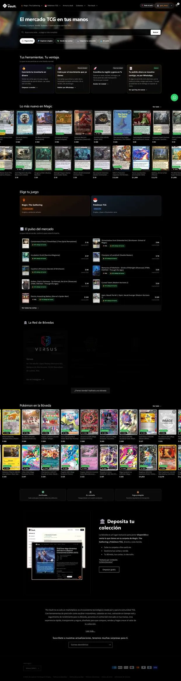 The redesigned landing page: hero with search, tool cards, new-arrivals carousel, game selector, market pulse, store network, second carousel, trust strip and deposit module