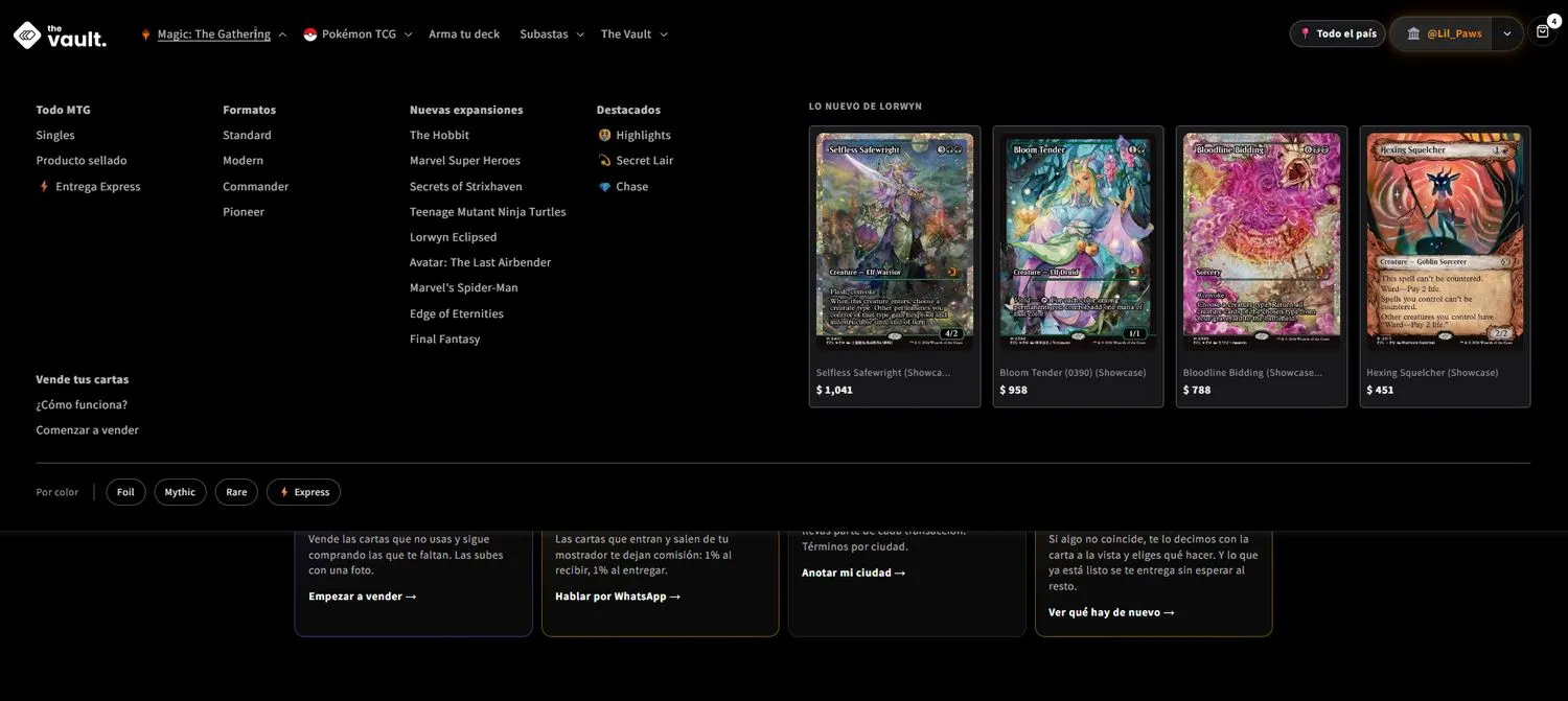 The Vault mega menu open, showing four columns of catalog structure alongside live card inventory with prices