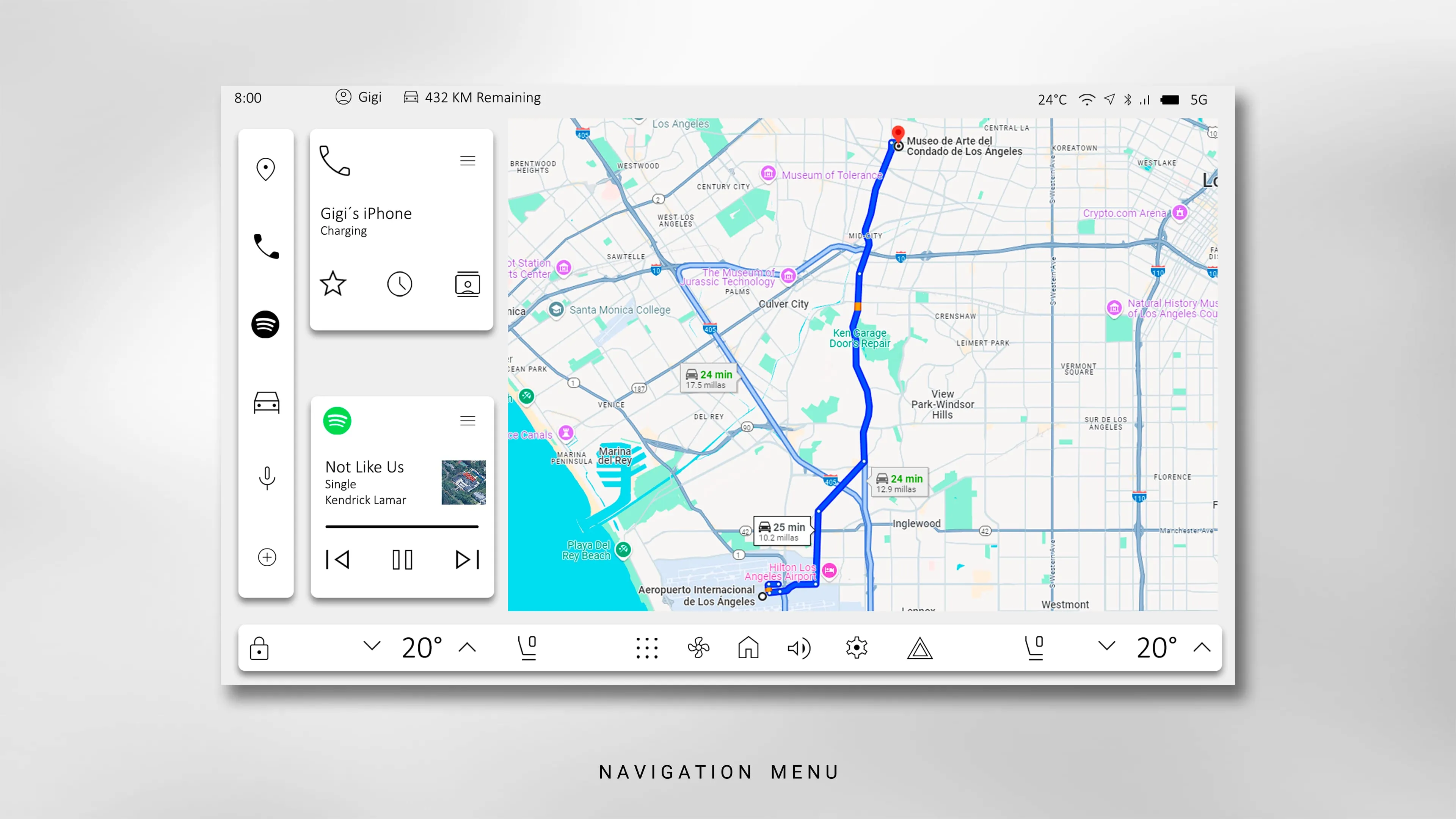Split-view navigation with a phone-charging widget and a compact Spotify widget on the left, full map with route and alternate times on the right