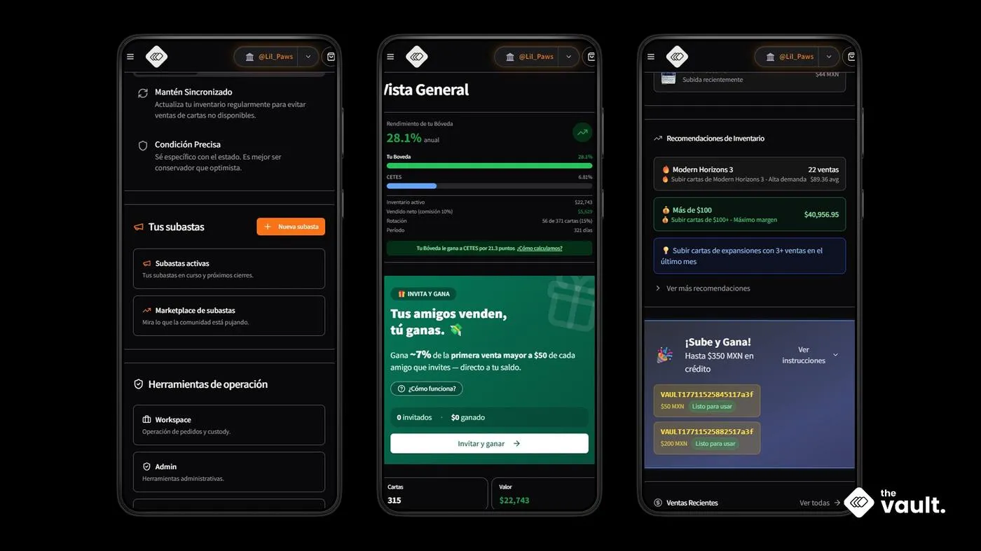 Three mobile screens: auction and operations tools, the Vista General portfolio view showing 28.1% annual return against CETES at 6.81%, and inventory recommendations with referral credit