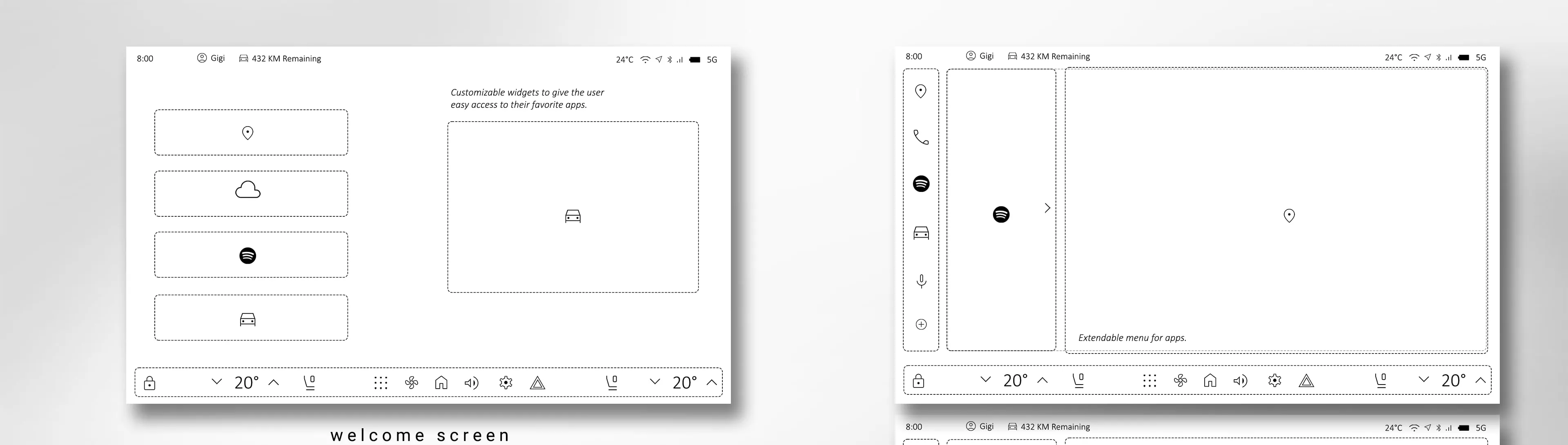 Wireframe grid for the Android Automotive system: welcome-screen layout and navigation-menu layout showing the widget dock, persistent bottom climate bar, and expandable app menu